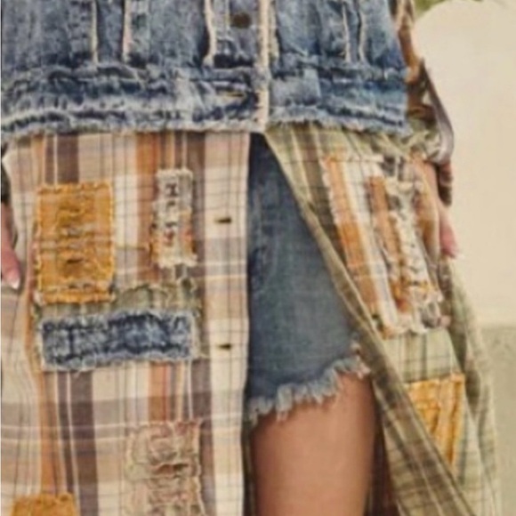 Patchwork Denim and Plaid Long Jacket - Picture 3 of 4